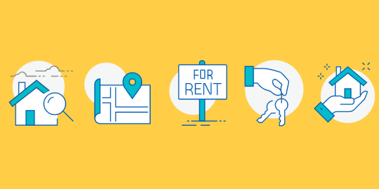 Image contains five pictures, one house under a microscope, a map point, a for rent sign, a set of keys and a house sitting in a hand